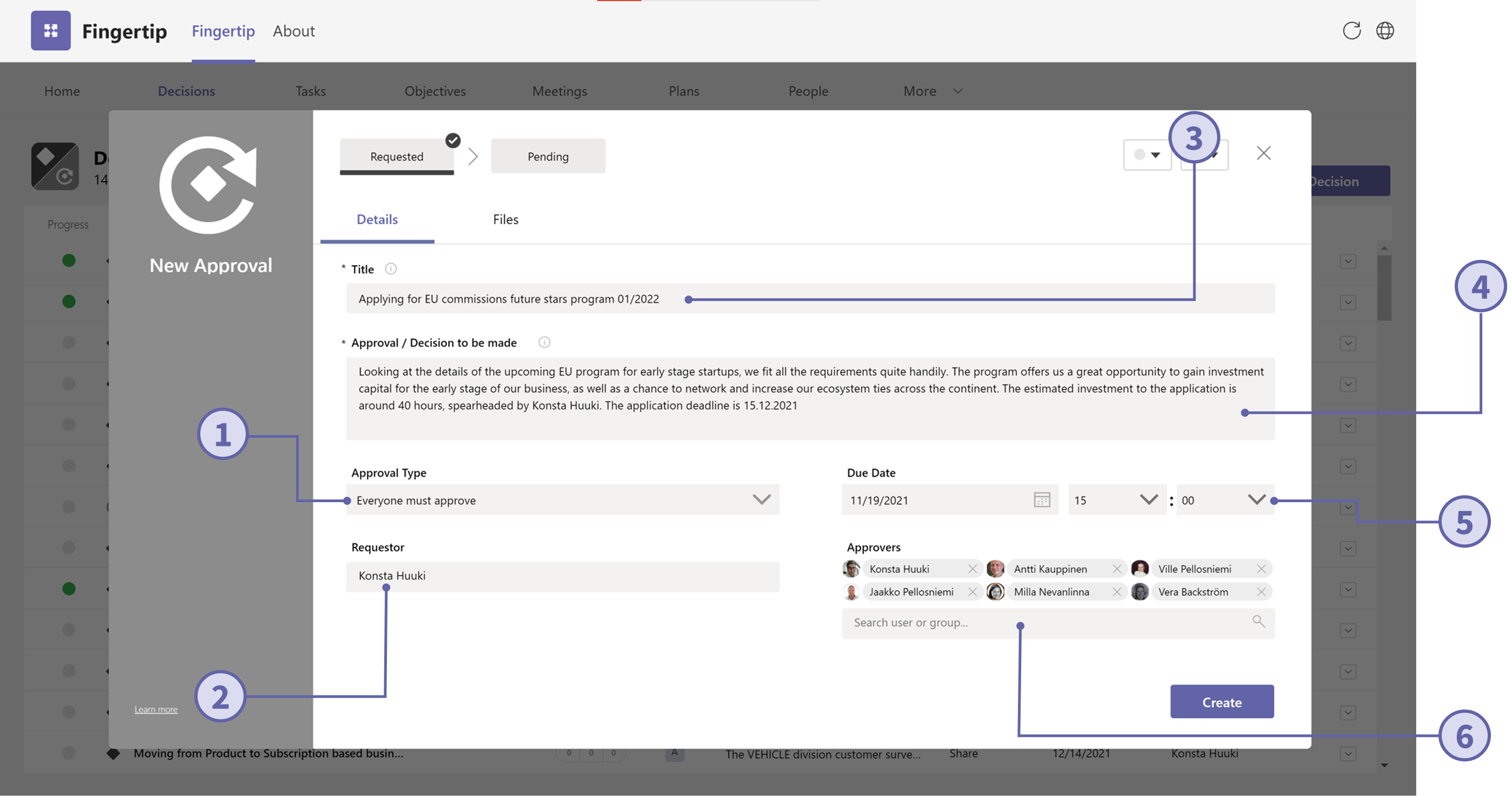 Elements In The New Approval Popup Fingertip For Microsoft Teams